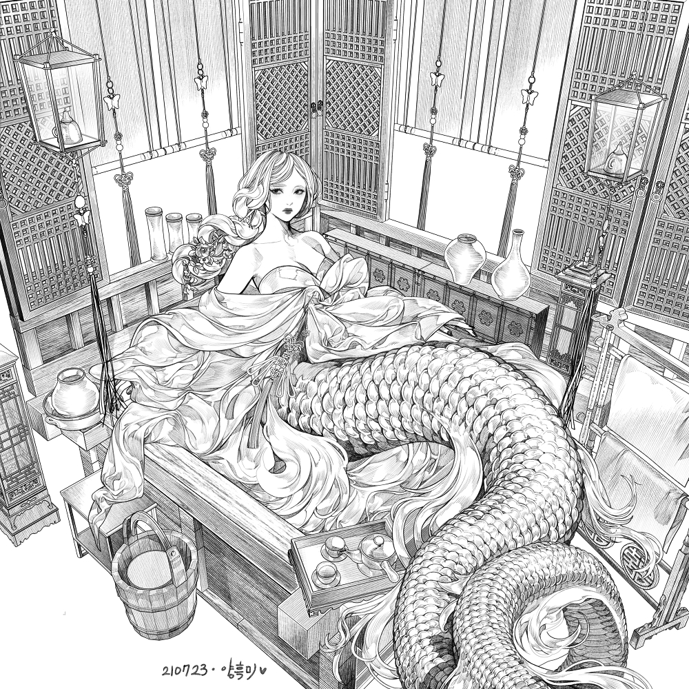 1girl, absurdly_long_hair, bare_shoulders, bucket, bug, butterfly, closed_mouth, collarbone, cup, dated, flower, greyscale, hair_flower, hair_ornament, hanbok, hatching_(texture), heart, korean_clothes, lantern, lemon89h, long_hair, mermaid, monochrome, monster_girl, original, plant, scales, solo, tassel, tea, tea_set, teacup, teapot, vase, very_long_hair, vines, water