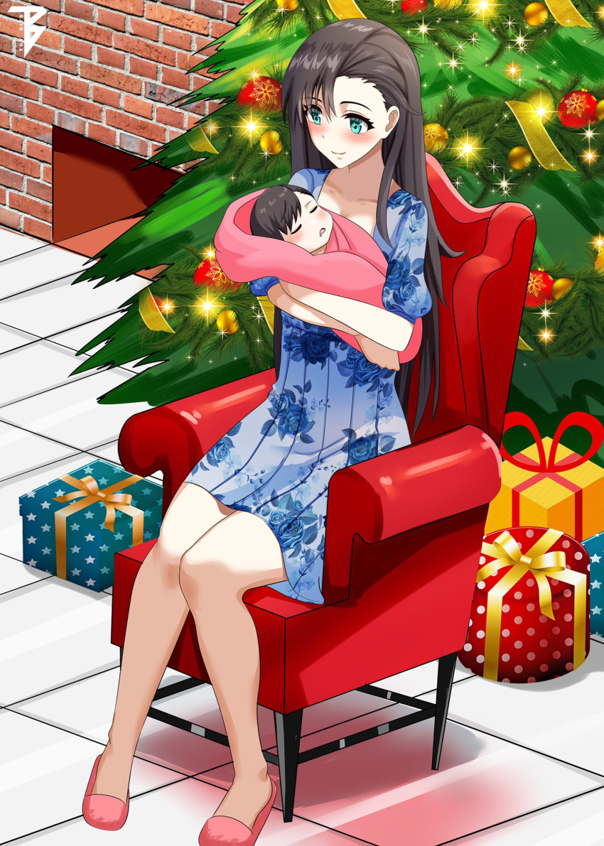 1boy, 1girl, arizona_(azur_lane), armchair, azur_lane, baby, blue_dress, blush