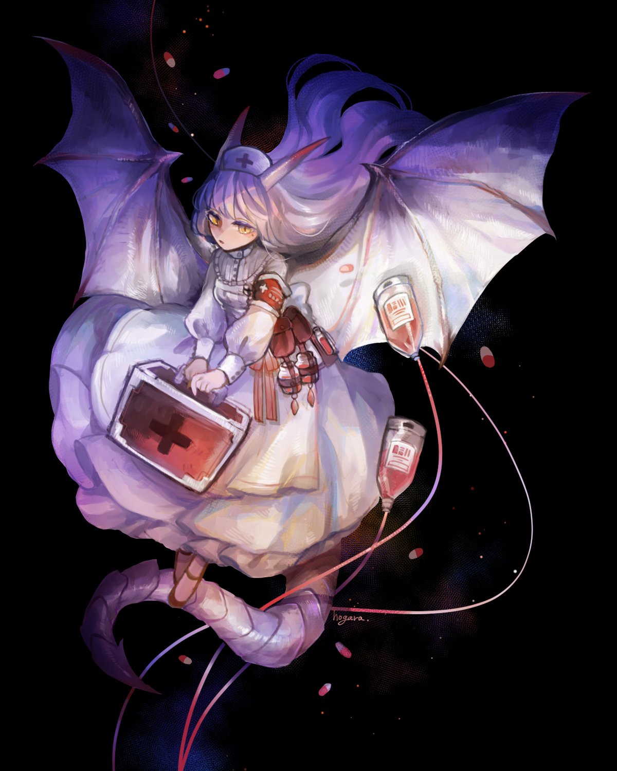 1girl, apron, armband, black_background, blood, bow, briefcase, cross