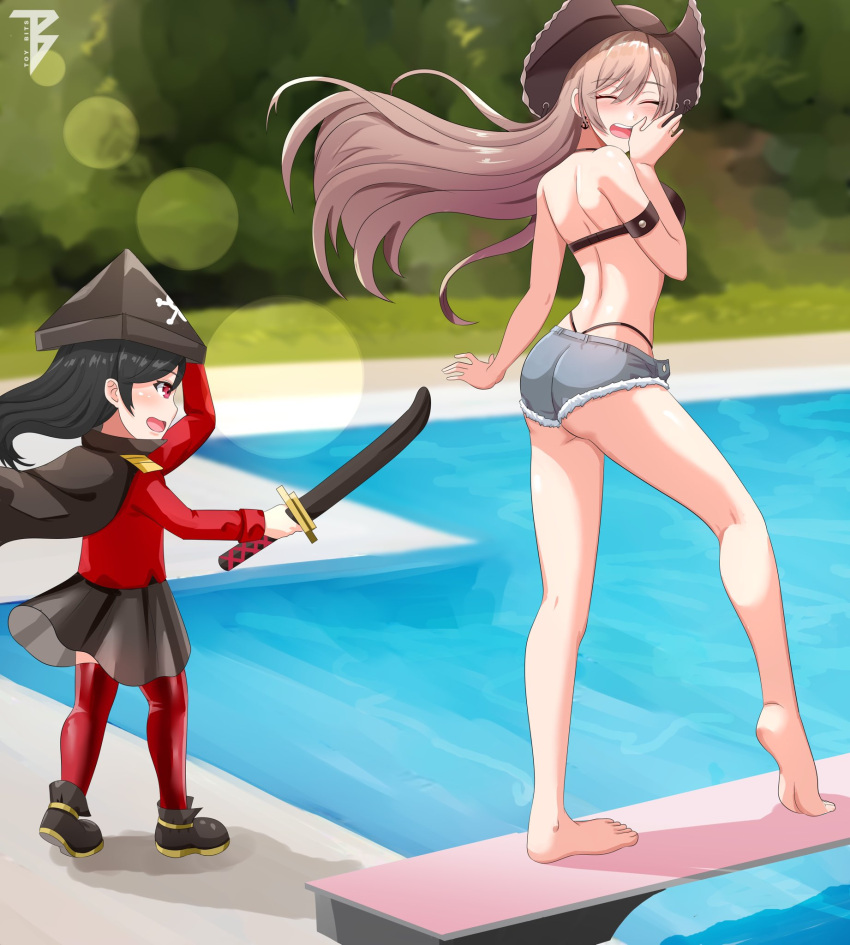 2girls, anchor_earrings, arm_strap, azur_lane, bikini, brown_bikini, brown_hair, cape