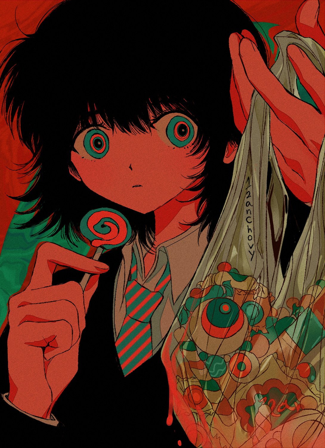 12anchovy, 1girl, abstract_background, aqua_eyes, aqua_necktie, arm_up, bag, black_hair