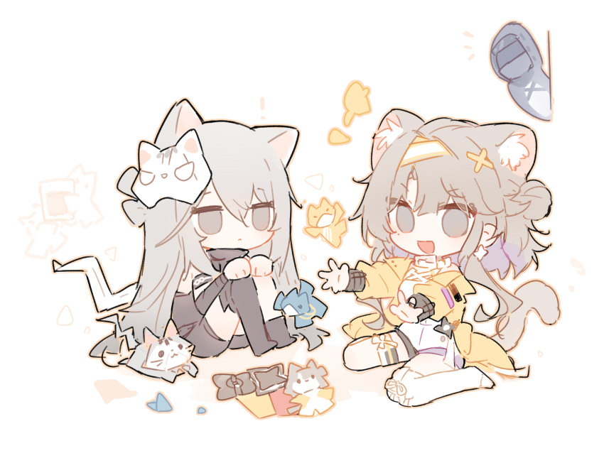 1other, 2girls, animal_ear_fluff, animal_ears, arknights, bangs, black_legwear, black_shorts