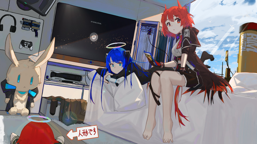 2girls, absurdres, airnery, arknights, arrow_(symbol), bangs, barefoot, between_legs