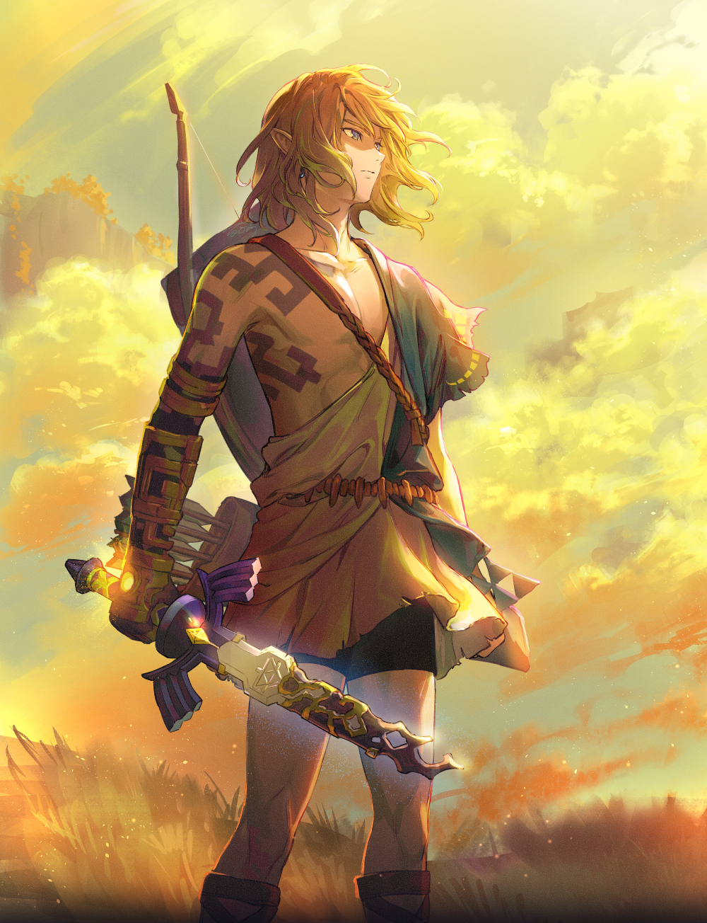 1boy, abs, arm_tattoo, arrow_(projectile), asymmetrical_clothes, azu-taro, bag, biceps