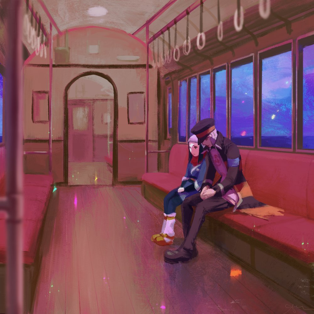 1boy, 1girl, akari_(pokemon), black_coat, black_footwear, black_hair, black_headwear, coat