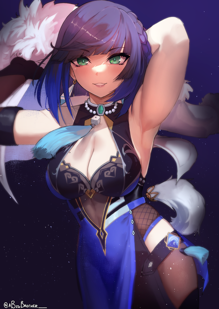 1girl, a_big_brother, armpits, arms_behind_head, arms_up, asymmetrical_gloves, bangs, blue_hair, bob_cut, breasts, cowboy_shot, diagonal_bangs, dice, dutch_angle, elbow_gloves, eyebrows_visible_through_hair, feather_collar, fur-trimmed_jacket, fur_trim, genshin_impact, gloves, gradient_hair, green_eyes, jacket, jacket_on_shoulders, jewelry, looking_at_viewer, medium_breasts, medium_hair, mismatched_gloves, mole, mole_on_breast, multicolored_hair, neck_ring, neck_tassel, parted_lips, presenting_armpit, purple_hair, single_elbow_glove, smile, solo, tassel, tassel_choker, vision_(genshin_impact), waist_cutout, white_jacket, yelan_(genshin_impact)