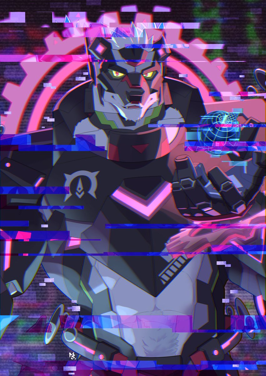 animal_ears, apple, armor, bear_boy, bear_ears, body_fur, colored_sclera, commentary_request, enigma_(housamo), food, fruit, gears, glitch, globe, halo, highres, hologram, mask, mosaic_background, musou_luf, red_eyes, signature, tokyo_afterschool_summoners, triangle_print, white_fur, yellow_sclera
