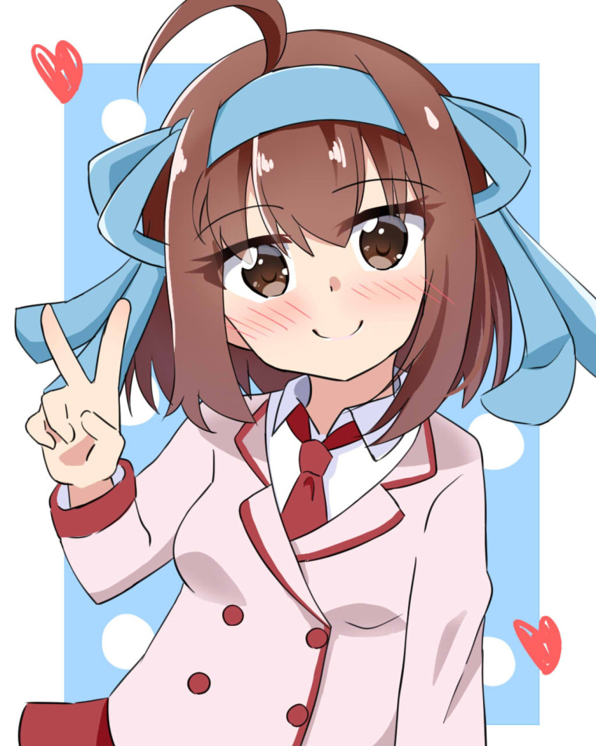 1girl, ahoge, bangs, blazer, blue_background, blue_hairband, blue_ribbon, blush