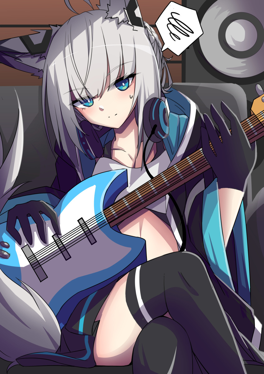 1girl, absurdres, animal_ears, azur_lane, black_gloves, blue_eyes, crossed_legs, electric_guitar