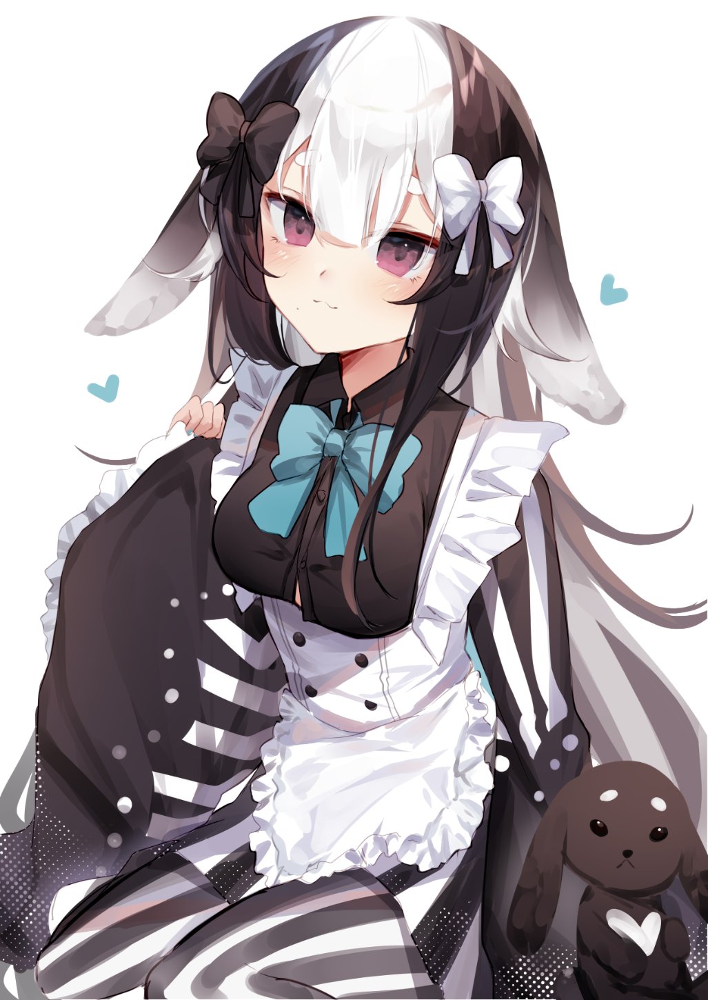 1girl, :3, alternate_costume, animal_ears, apron, bangs, bikini, black_bow