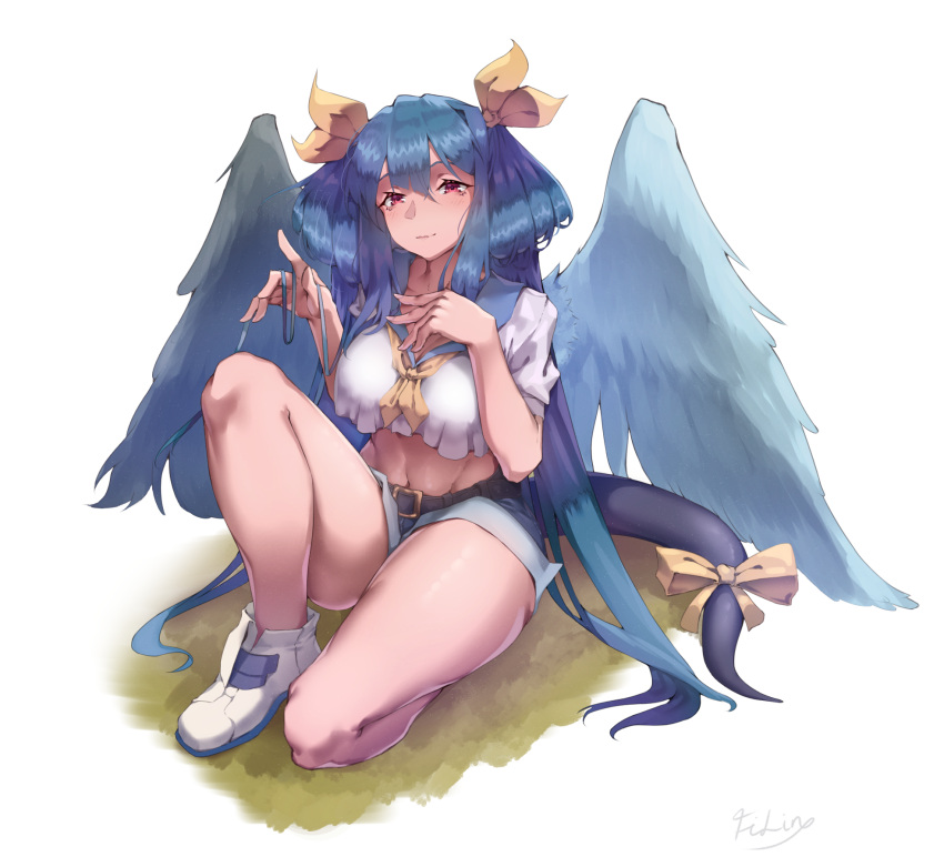 1girl, angel_wings, asymmetrical_wings, bangs, belt, blue_hair, breasts, crop_top