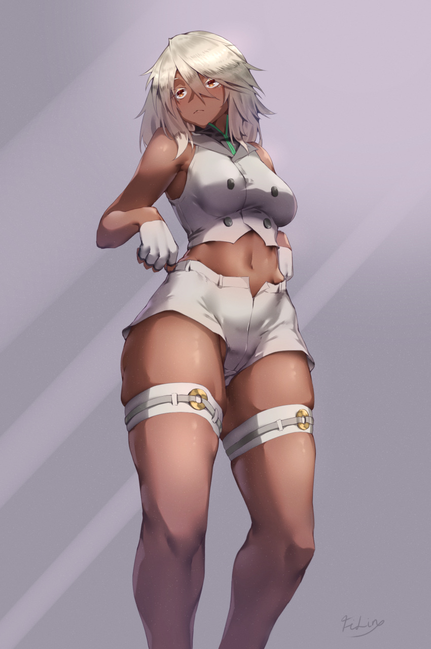 1girl, bare_shoulders, breasts, crop_top, dark-skinned_female, dark_skin, filin, fingerless_gloves, gloves, guilty_gear, guilty_gear_strive, highres, long_hair, medium_breasts, midriff, navel, open_fly, platinum_blonde_hair, ramlethal_valentine, shirt, short_shorts, shorts, signature, skindentation, solo, standing, thick_thighs, thigh_strap, thighs, white_gloves, white_shirt, yellow_eyes