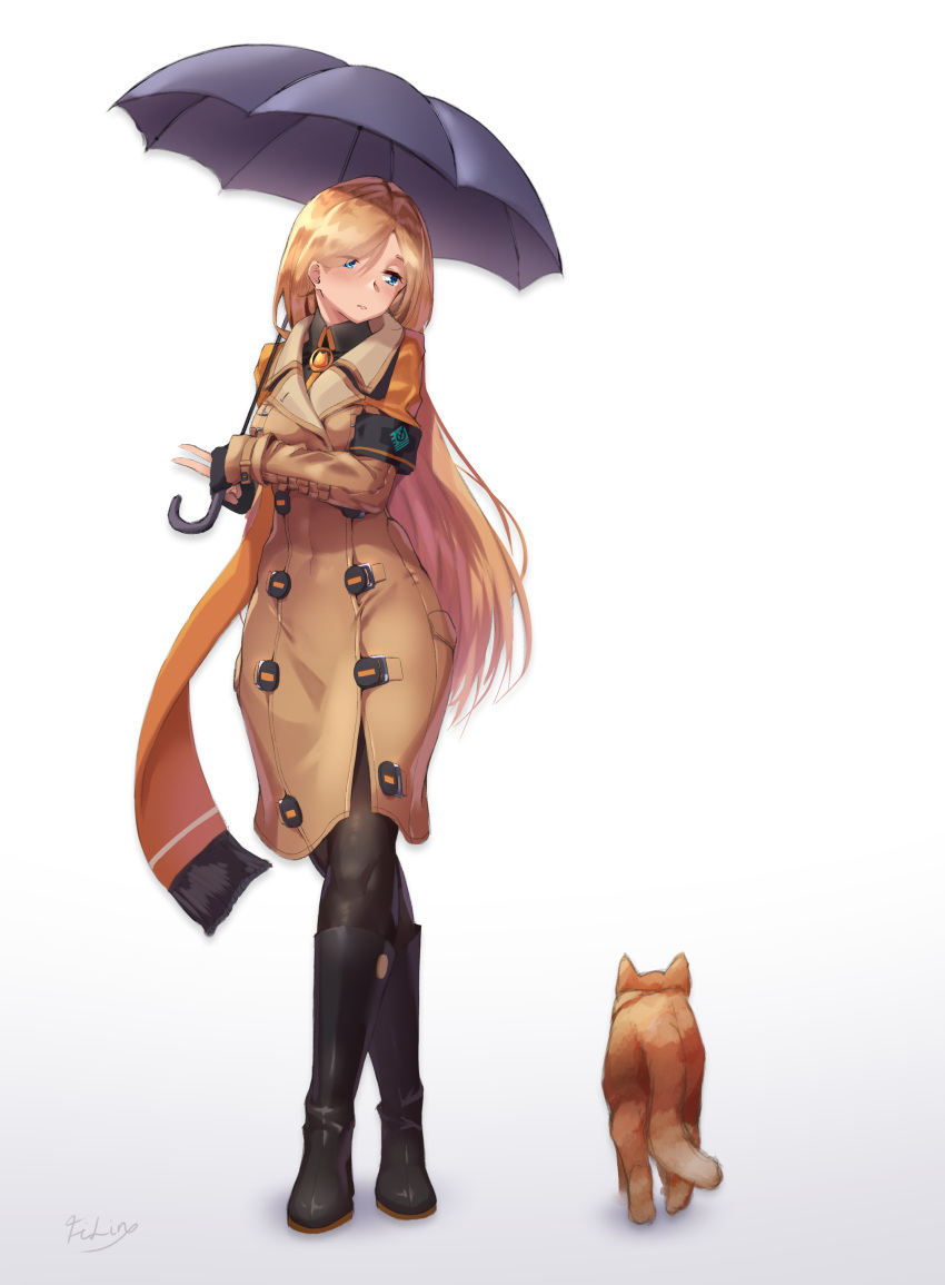 1girl, absurdres, animal_ears, arm_scarf, black_gloves, blonde_hair, blue_eyes, blush