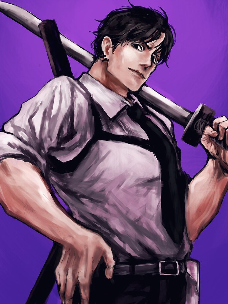 1boy, belt, black_hair, black_necktie, black_pants, chainsaw_man, collared_shirt, formal