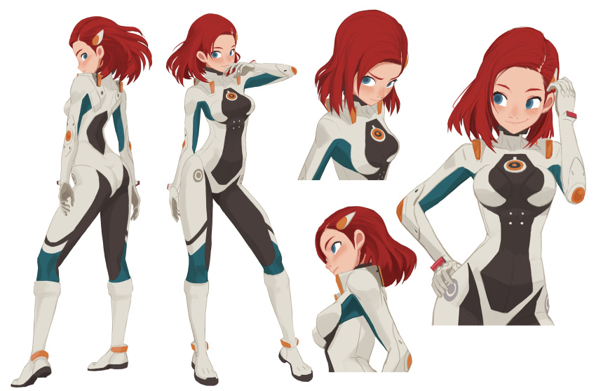 1girl, absurdres, ass, blue_eyes, blush, bodysuit, breasts, contrapposto, cowboy_shot, cropped_legs, from_below, from_side, hand_on_hip, hand_to_own_mouth, highres, hong_soon-sang, looking_at_viewer, medium_breasts, medium_hair, multiple_views, original, redhead, smile, thighs