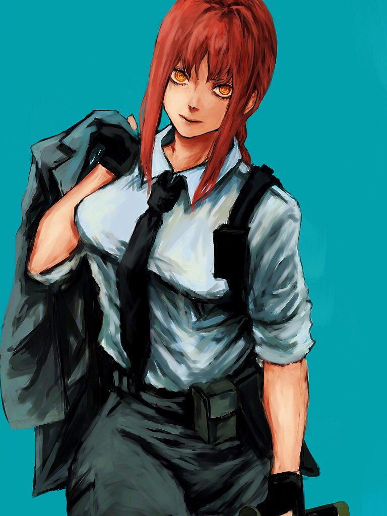 1girl, aqua_background, bangs, black_necktie, black_pants, braid, braided_ponytail, breasts