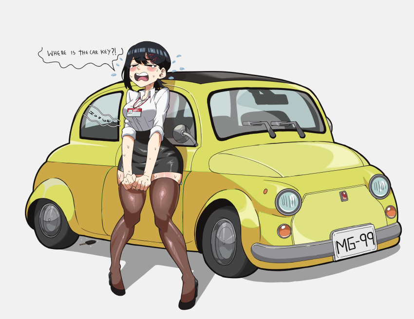 1girl, absurdres, black_hair, black_skirt, blush, breasts, car, chainsaw_man