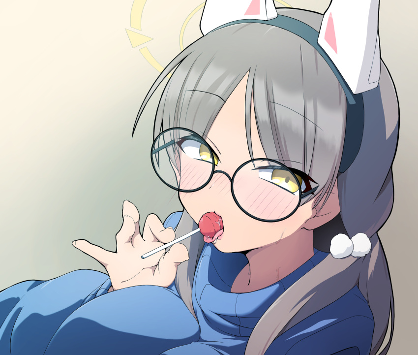 1girl, bangs, black-framed_eyewear, blue_archive, blue_sweater, blush, breasts, candy, eyebrows_visible_through_hair, food, glasses, grey_background, grey_hair, hair_ornament, halo, headgear, highres, holding, holding_candy, holding_food, holding_lollipop, licking, lollipop, long_hair, long_sleeves, looking_at_viewer, low_twintails, miyamegane, moe_(blue_archive), pom_pom_(clothes), pom_pom_hair_ornament, portrait, round_eyewear, sexually_suggestive, simple_background, solo, sweat, sweater, twintails, yellow_eyes