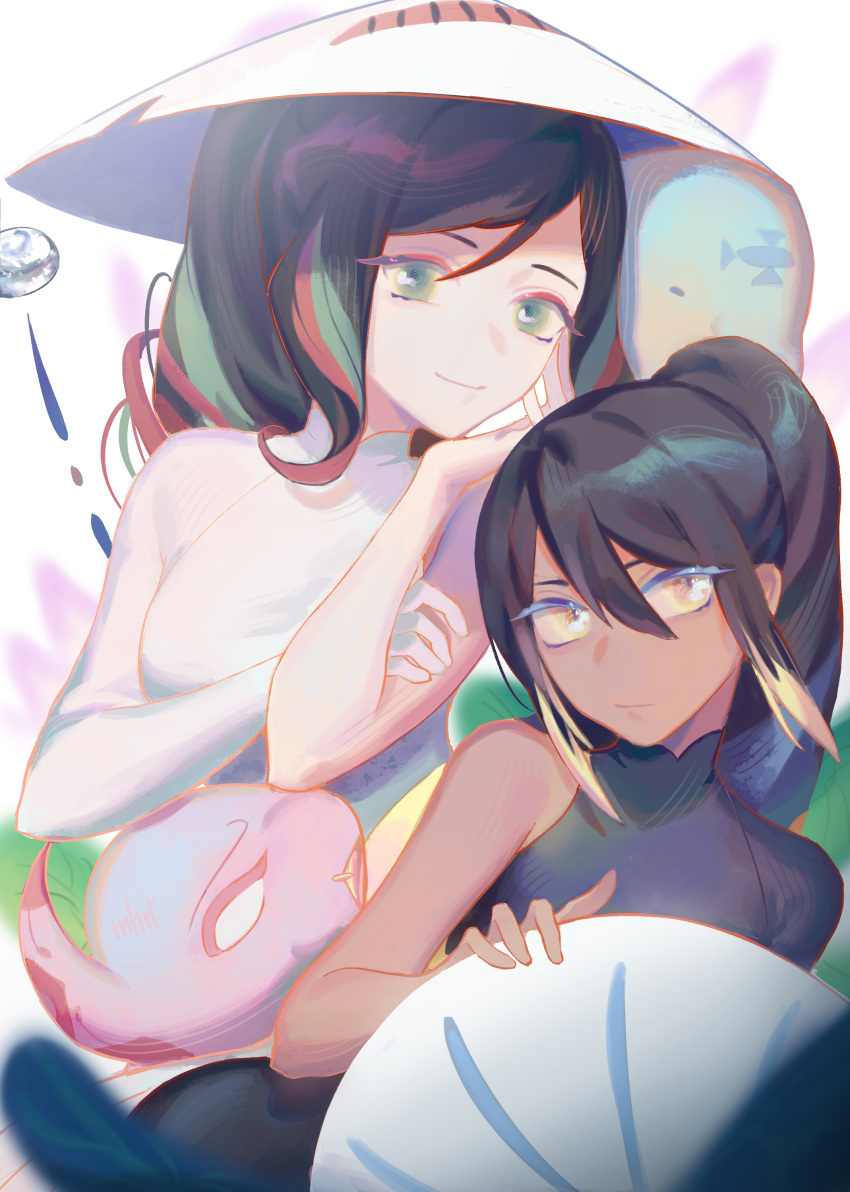 2girls, absurdres, black_hair, dark-skinned_female, dark_skin, elephant, eucacell, eyeliner, fate/grand_order, fate_(series), gloves, green_eyes, green_hair, hair_between_eyes, hat, highres, long_hair, long_sleeves, makeup, multicolored_hair, multiple_girls, nakayoshi_saber, ponytail, siblings, sidelocks, single_sleeve, sisters, smile, streaked_hair, trung_nhi_(fate), trung_sisters, trung_trac_(fate), vietnamese_dress, wavy_hair, white_headwear, yellow_eyes