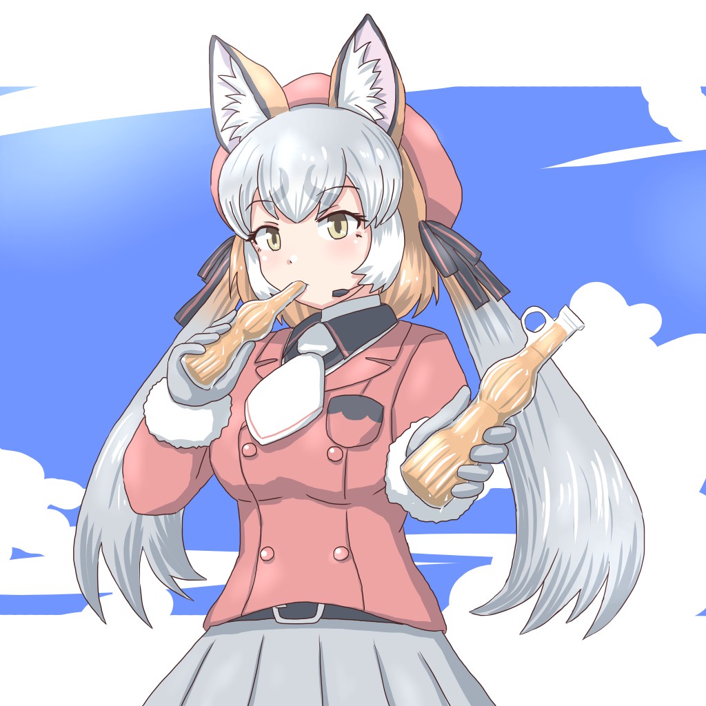 1girl, animal_ear_fluff, animal_ears, fox_ears, fox_girl, fox_tail, gloves, hat, island_fox_(kemono_friends), kemono_friends, kemono_friends_v_project, long_hair, mukouyama_mu, multicolored_hair, necktie, ribbon, shirt, skirt, solo, tail, twintails, virtual_youtuber