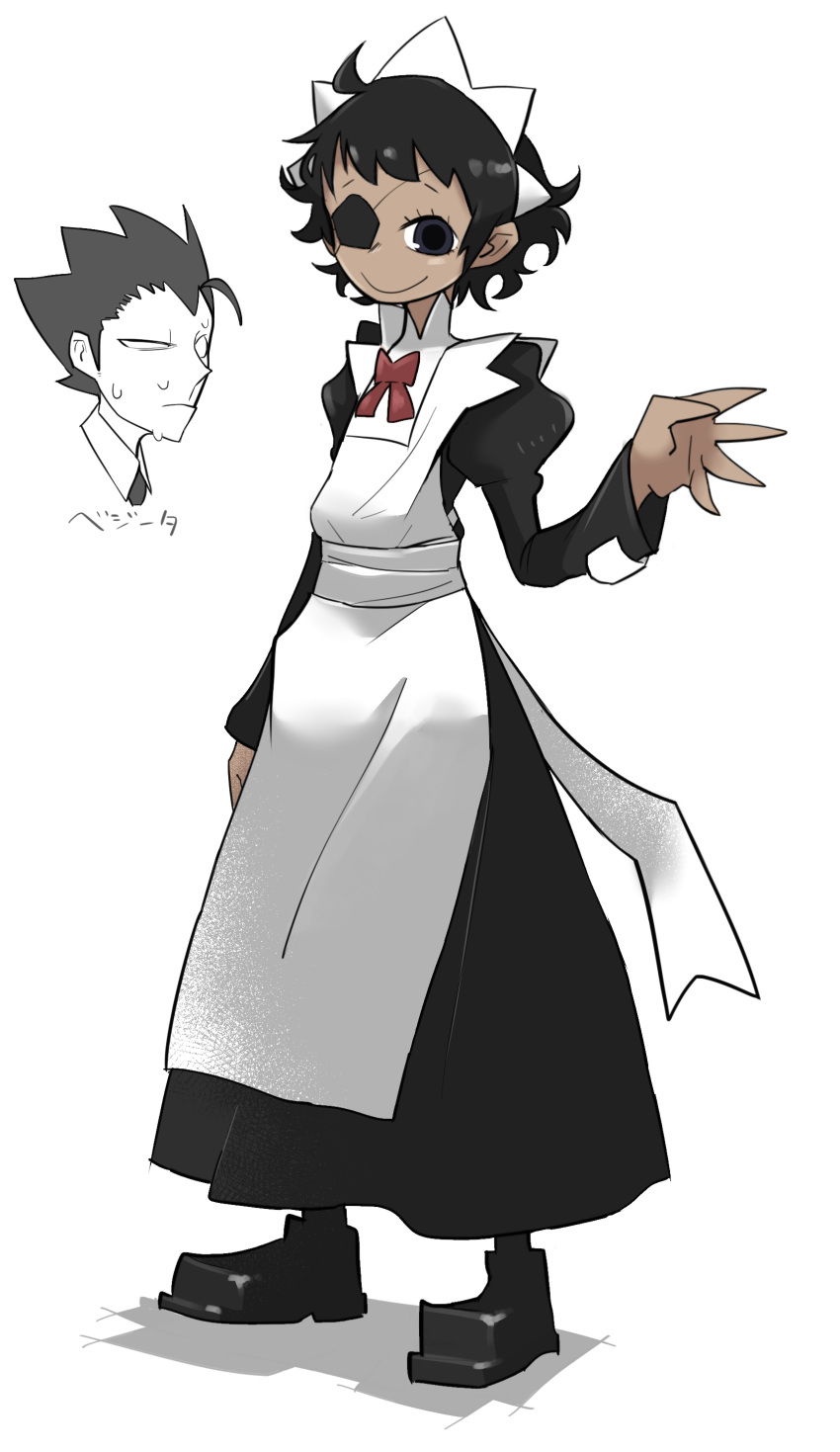 1boy, 1girl, absurdres, apron, bangs, black_dress, black_eyes, black_footwear, black_hair, bow, bowtie, closed_mouth, dark-skinned_female, dark_skin, dress, elena_(the_voynich_hotel), eyepatch, full_body, highres, long_sleeves, maid, maid_headdress, red_bow, red_bowtie, short_hair, simple_background, smile, solo_focus, standing, sweat, the_voynich_hotel, tirarizun, white_apron, white_background