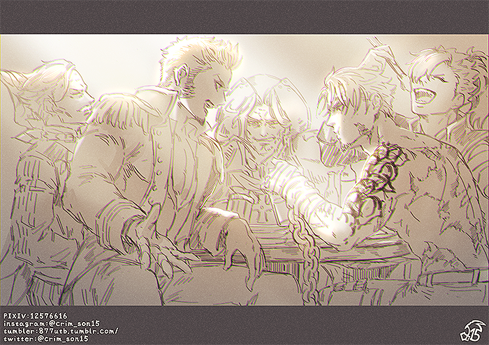 4boys, arm_tattoo, beowulf_(fate), brown_theme, christopher_columbus_(fate), eating, elbow_rest, epaulettes