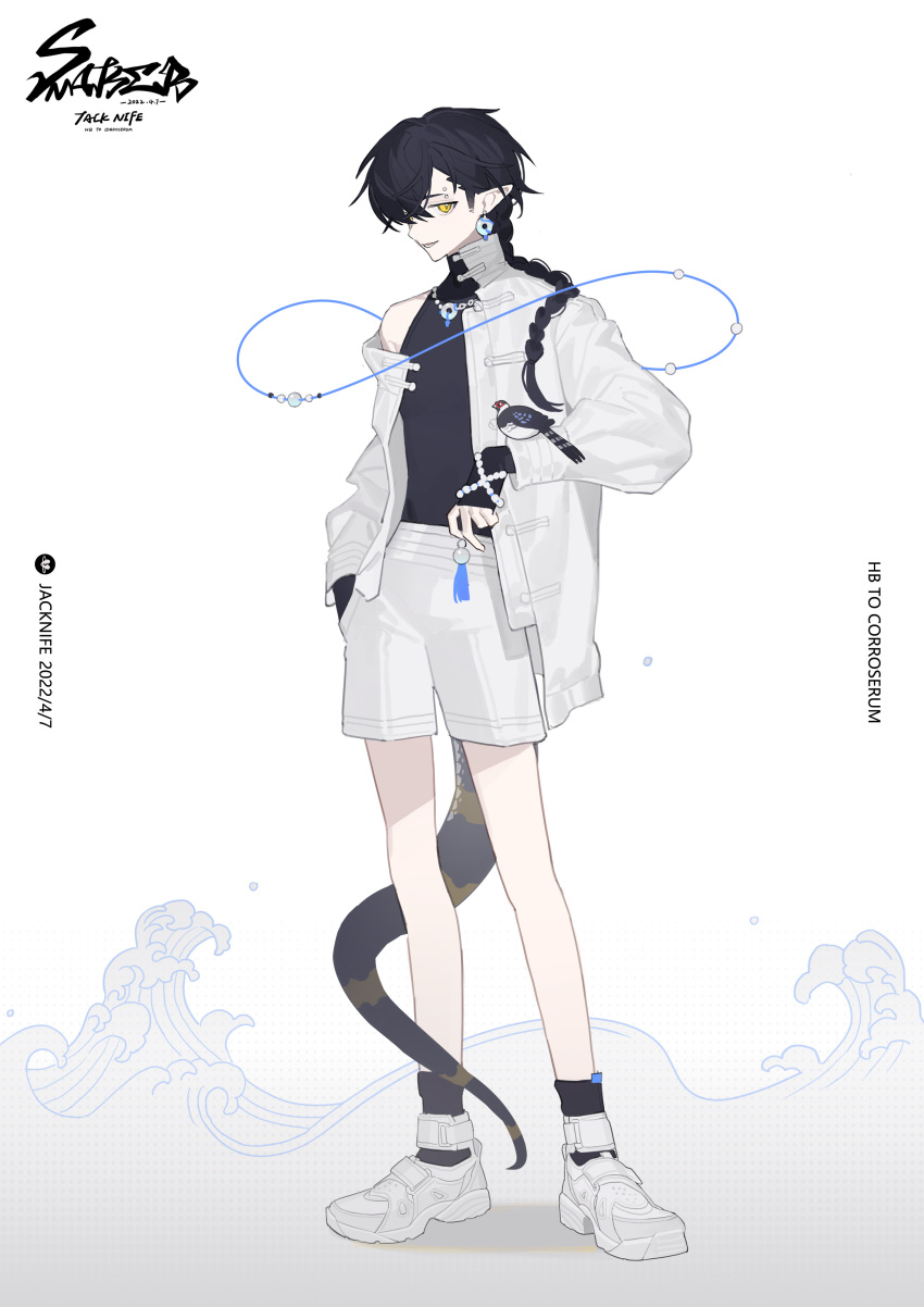 1boy, absurdres, arknights, artist_name, bird, bishounen, black_hair, braid