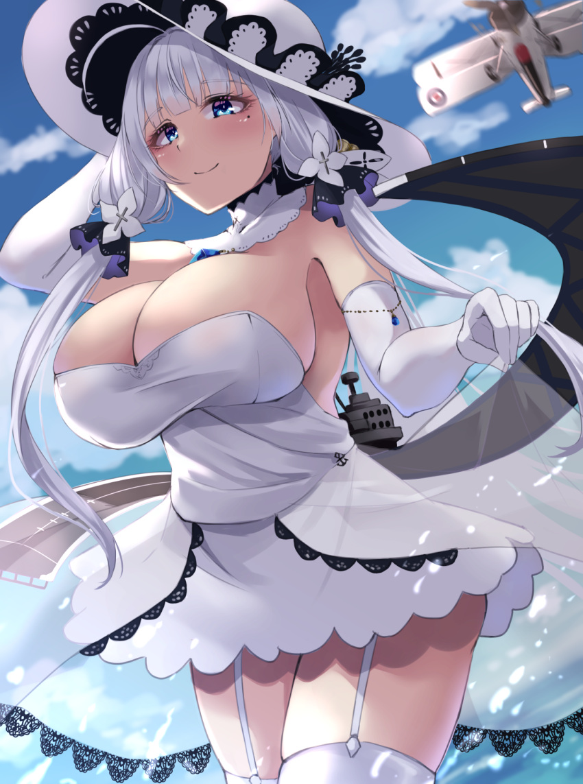 1girl, aircraft, airplane, azur_lane, bangs, blue_eyes, blue_sky, blush