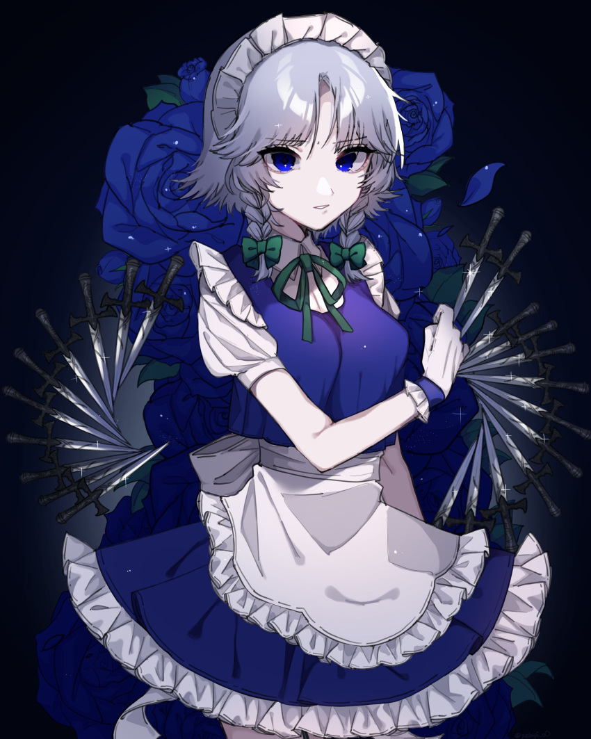 1girl, absurdres, apron, bangs, black_background, blue_eyes, blue_flower, blue_rose, blue_skirt, blue_vest, braid, breasts, collared_shirt, commentary_request, flower, frilled_apron, frilled_skirt, frills, hair_ribbon, highres, holding, holding_knife, izayoi_sakuya, knife, knives_between_fingers, maid, maid_apron, maid_headdress, medium_breasts, neck_ribbon, parted_lips, puffy_short_sleeves, puffy_sleeves, ribbon, rose, sabapi_oo, shirt, short_hair_with_long_locks, short_sleeves, sidelocks, silver_hair, simple_background, skirt, solo, touhou, tress_ribbon, twin_braids, vest, waist_apron, white_apron, white_shirt, wing_collar, wrist_cuffs