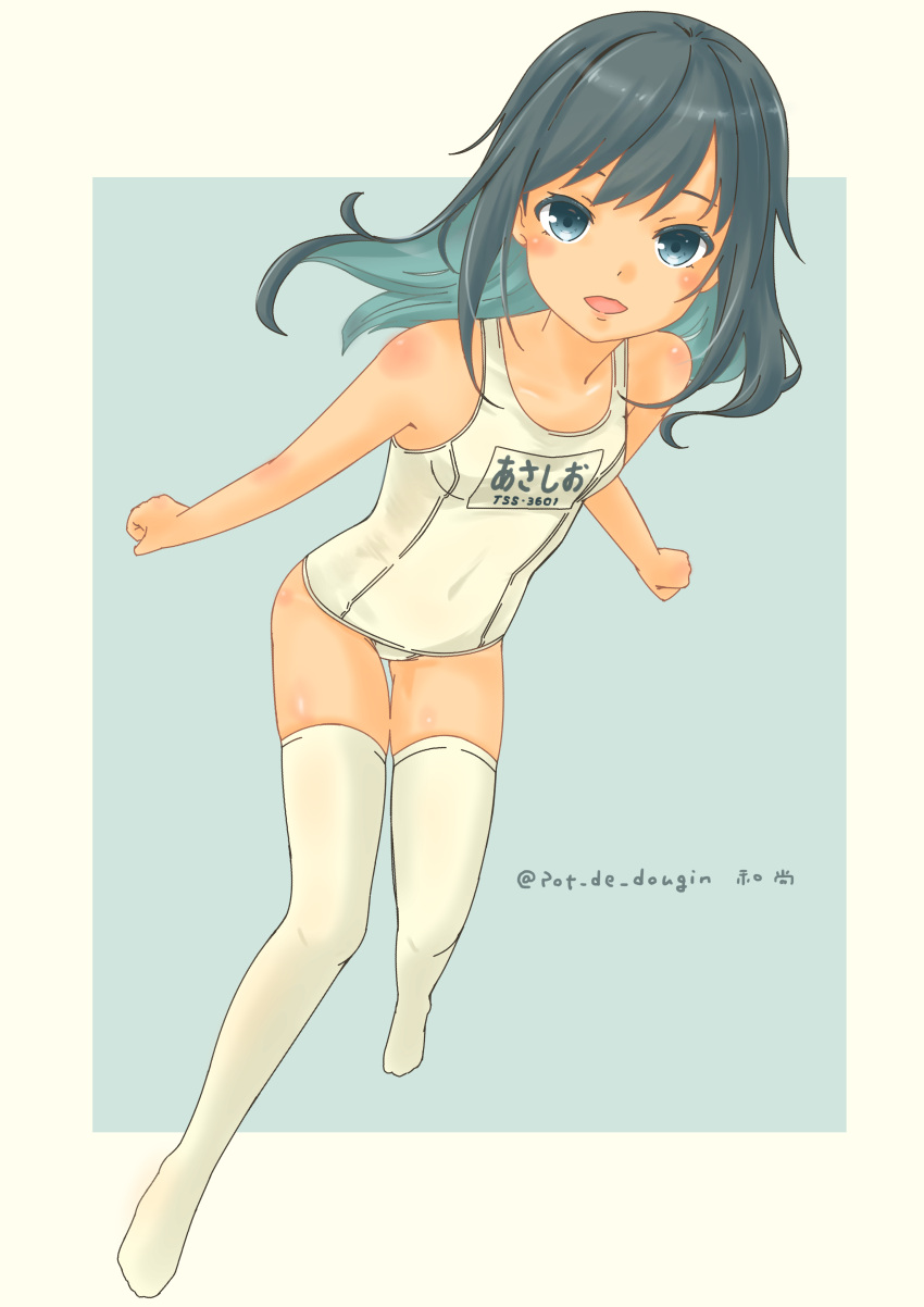 1girl, absurdres, alternate_costume, alternate_legwear, asashio_(jmsdf), asashio_(kancolle), black_hair, blue_background