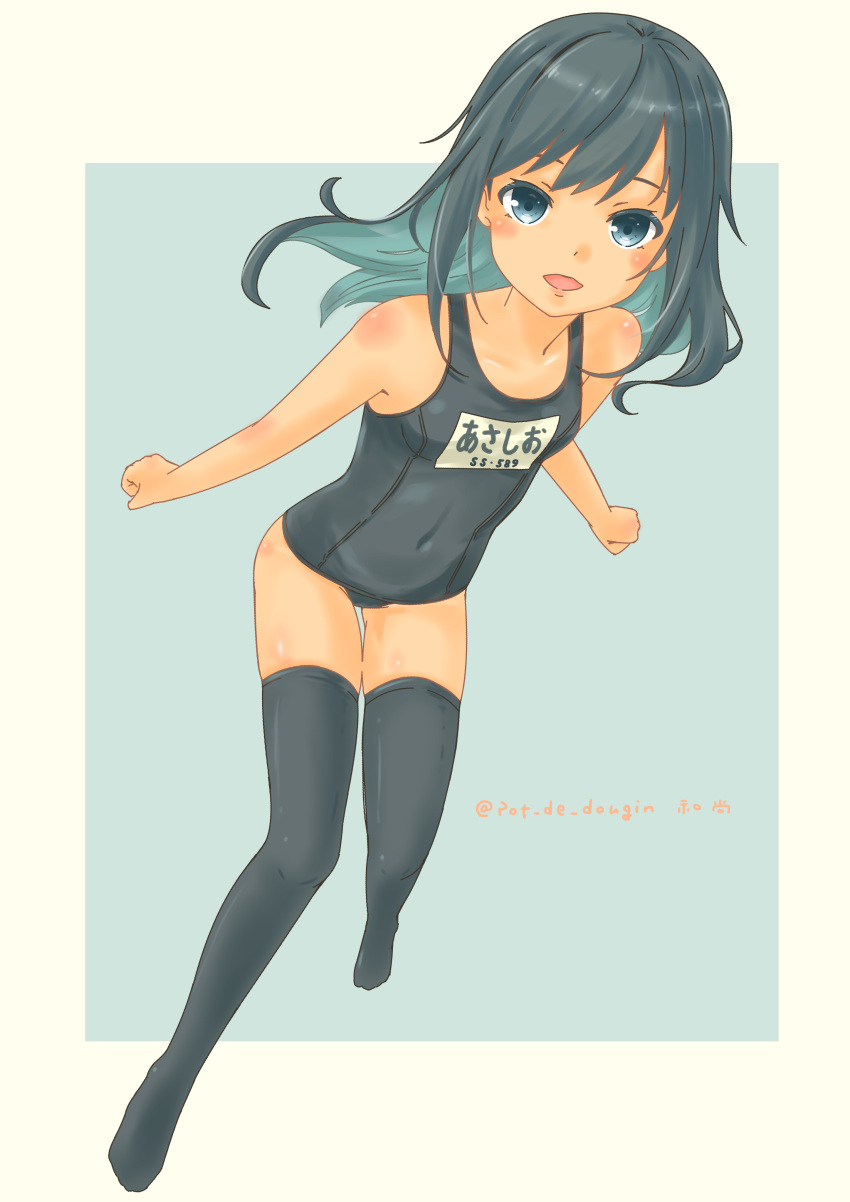 1girl, absurdres, alternate_costume, asashio_(jmsdf), asashio_(kancolle), black_hair, black_legwear, blue_background
