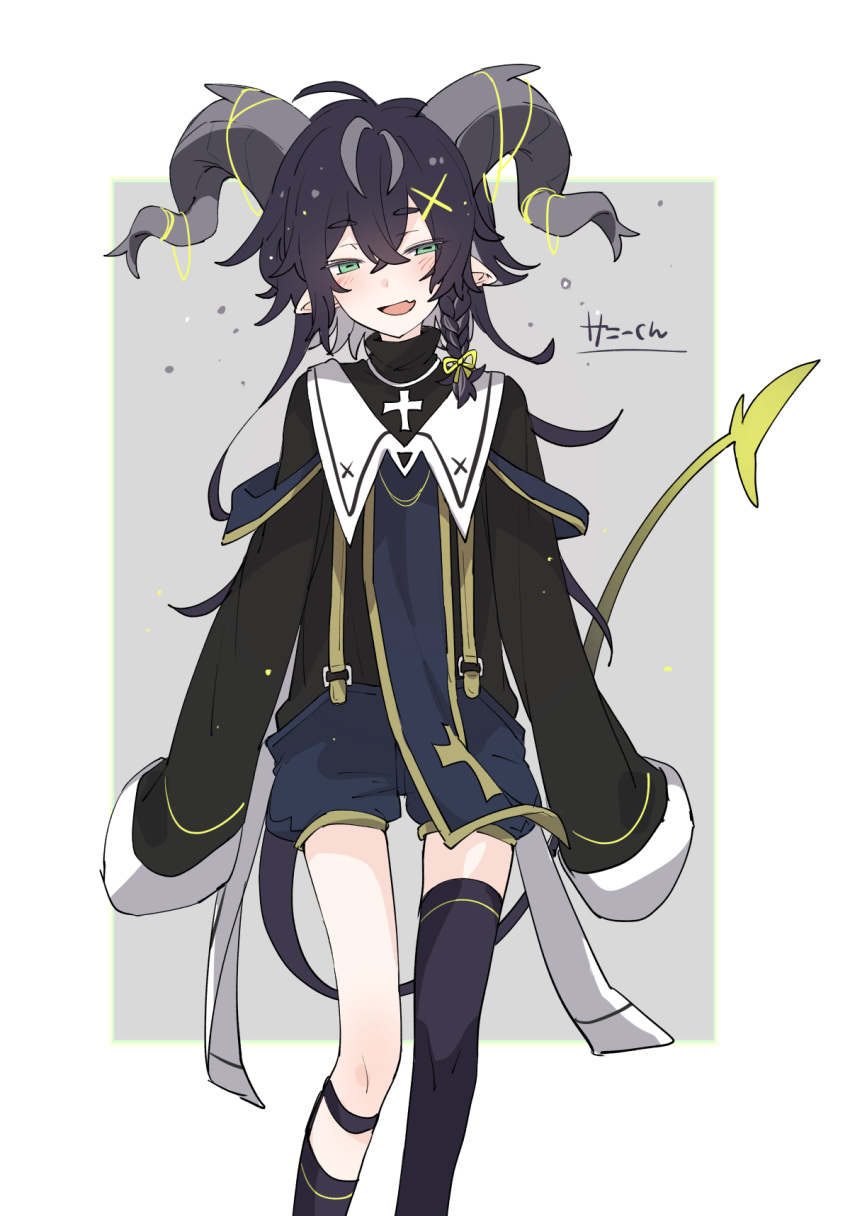 1boy, asymmetrical_legwear, bangs, black_hair, black_legwear, blue_shorts, braid, cross