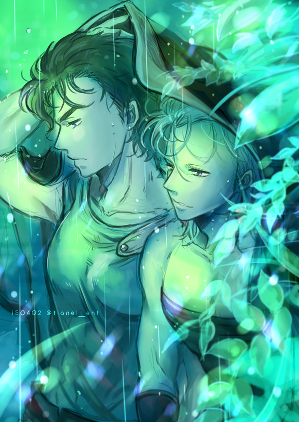 2boys, cloak, earrings, glowing_leaves, green_theme, jacket, jacket_removed, jean_pierre_polnareff