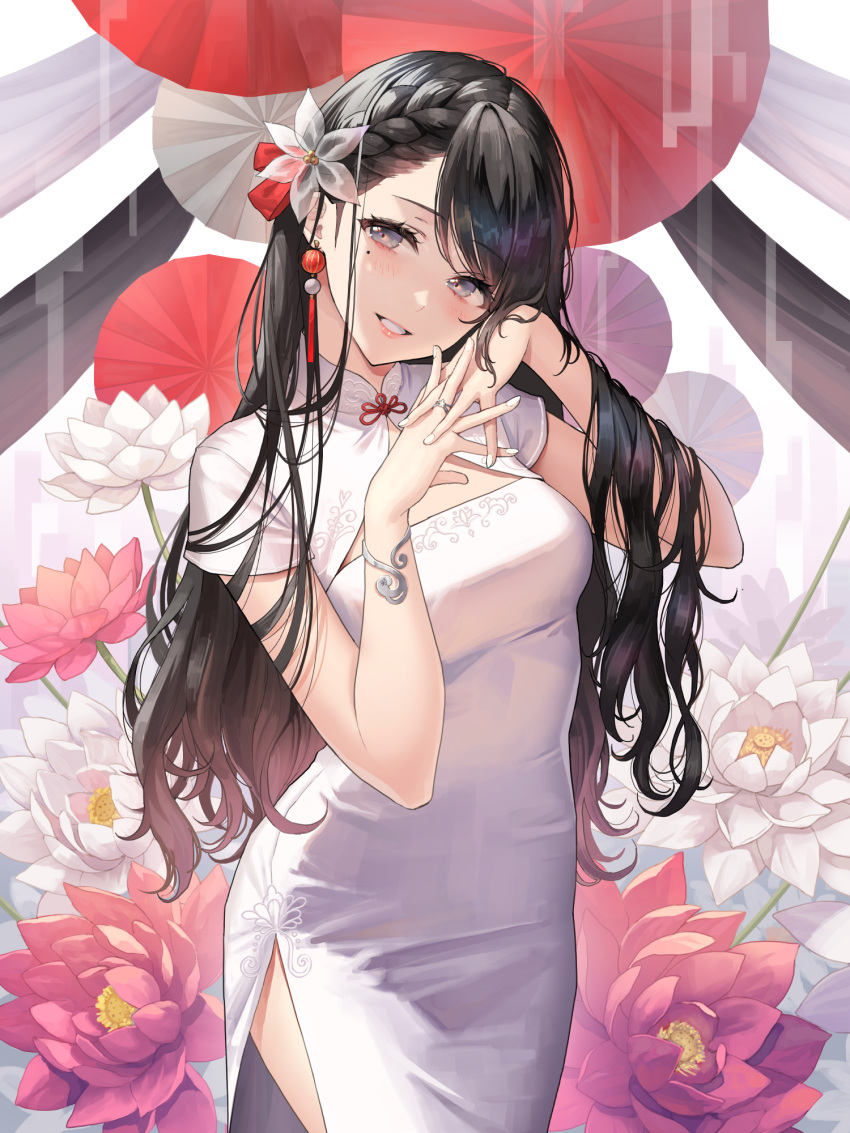 1girl, bangs, black_hair, bracelet, braid, breasts, china_dress, chinese_clothes, cowboy_shot, dress, earrings, eyebrows_visible_through_hair, flower, hair_flower, hair_ornament, highres, jewelry, long_hair, looking_at_viewer, medium_breasts, mole, mole_under_eye, okuma_mai, original, red_flower, ring, smile, solo, standing, white_dress, white_flower