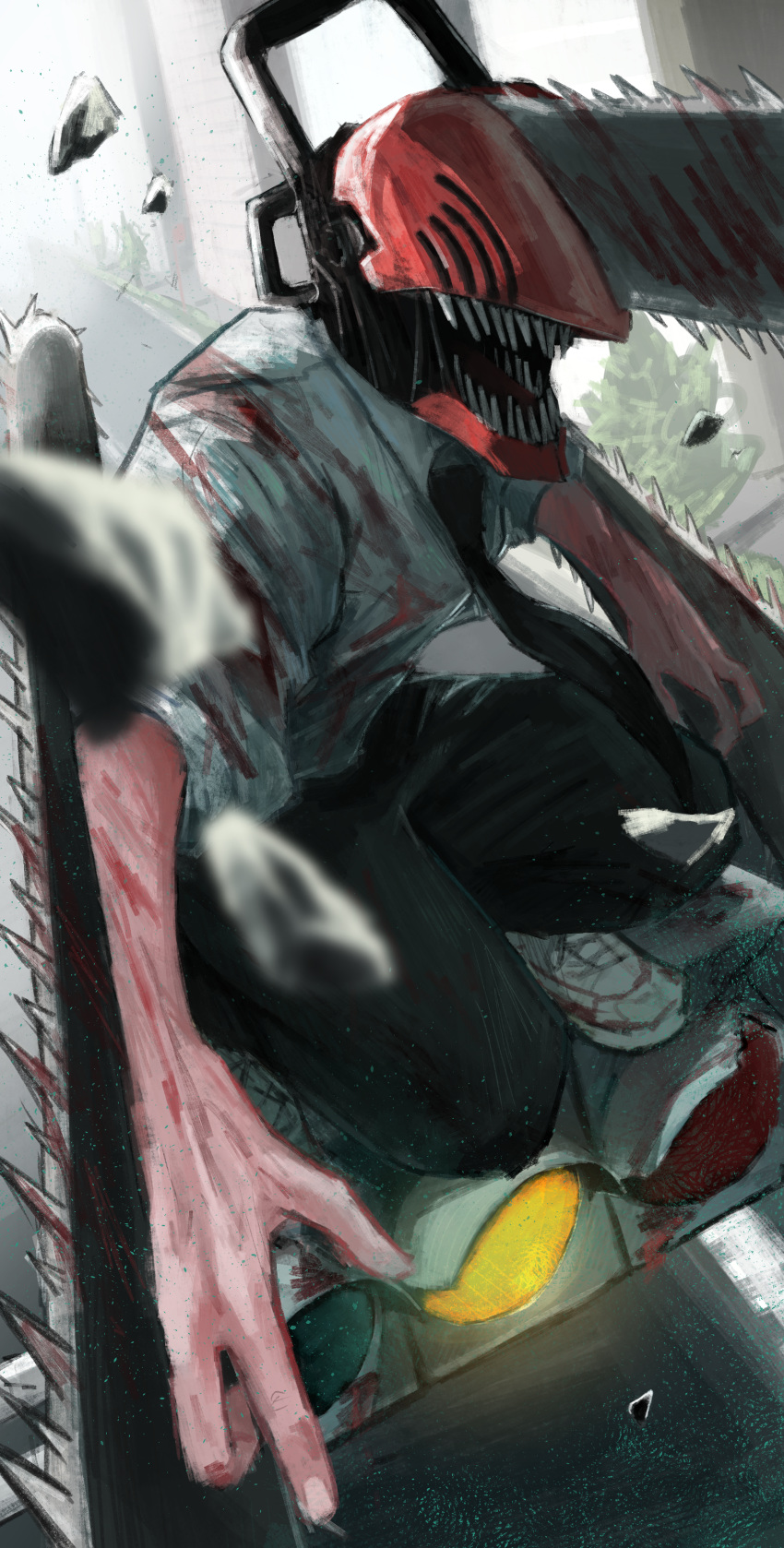 absurdres, black_necktie, black_pants, chainsaw, chainsaw_man, collared_shirt, denji_(chainsaw_man), dokudokuo