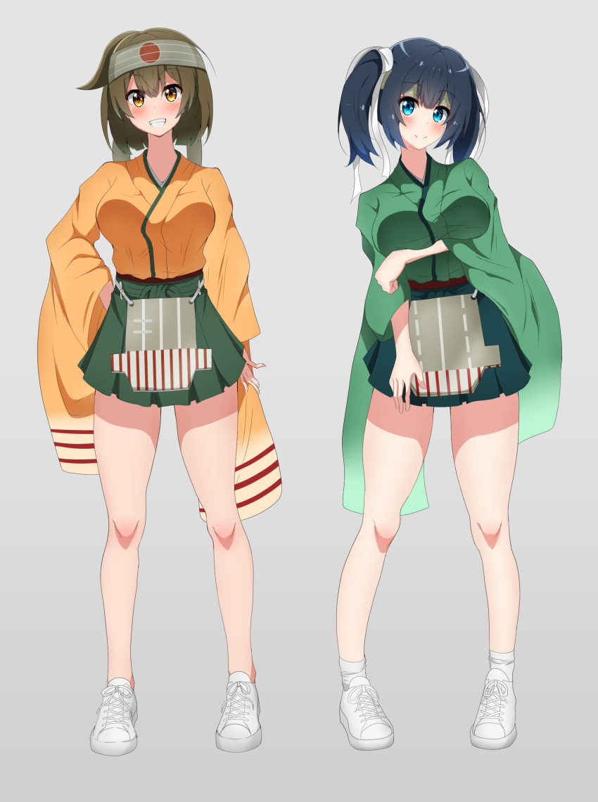 2girls, absurdres, alternate_footwear, blue_eyes, blue_hair, breasts, brown_eyes, brown_hair