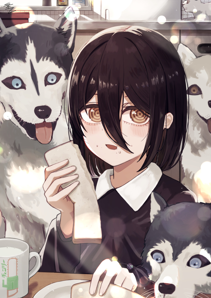 1girl, absurdres, animal, bangs, black_hair, black_shirt, chainsaw_man, dog