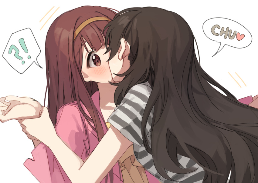 !?, 2girls, bangs, black_hair, blunt_bangs, blush, facing_another, hairband, hano9789, highres, holding_another's_wrist, idolmaster, idolmaster_million_live!, kiss, kitazawa_shiho, long_hair, multiple_girls, redhead, shirt, simple_background, speech_bubble, striped, striped_shirt, surprise_kiss, surprised, tanaka_kotoha, upper_body, white_background, yuri