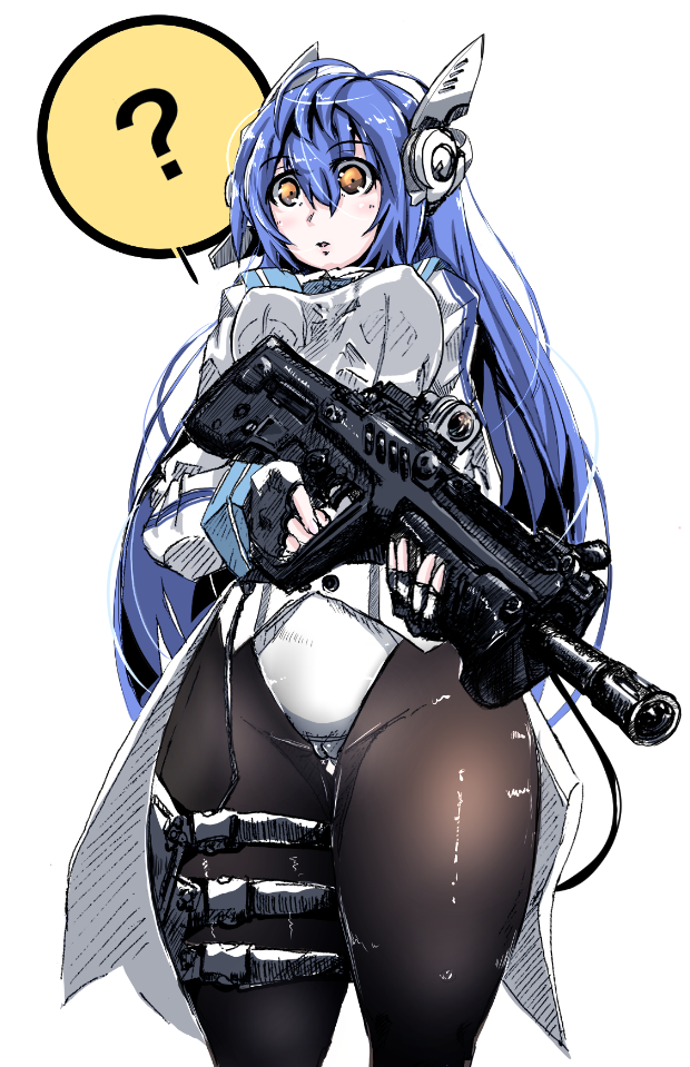 1girl, ?, assault_rifle, black_legwear, blue_hair, breasts, bullpup, commentary_request, cowboy_shot, expressionless, eyebrows_visible_through_hair, fingerless_gloves, girls_frontline, gloves, gun, hair_between_eyes, holding, holding_gun, holding_weapon, imi_tavor_tar-21, jamie_leano, large_breasts, leotard, long_hair, long_sleeves, orange_eyes, pantyhose, parted_lips, perky_breasts, rifle, robot_ears, solo, standing, tar-21_(girls'_frontline), thought_bubble, weapon, white_background, white_leotard