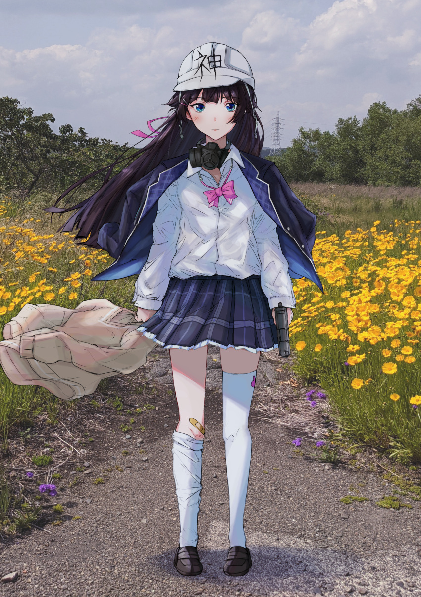 1girl, absurdres, asymmetrical_legwear, bandaid, bandaid_on_knee, bandaid_on_leg, black_hair, blazer