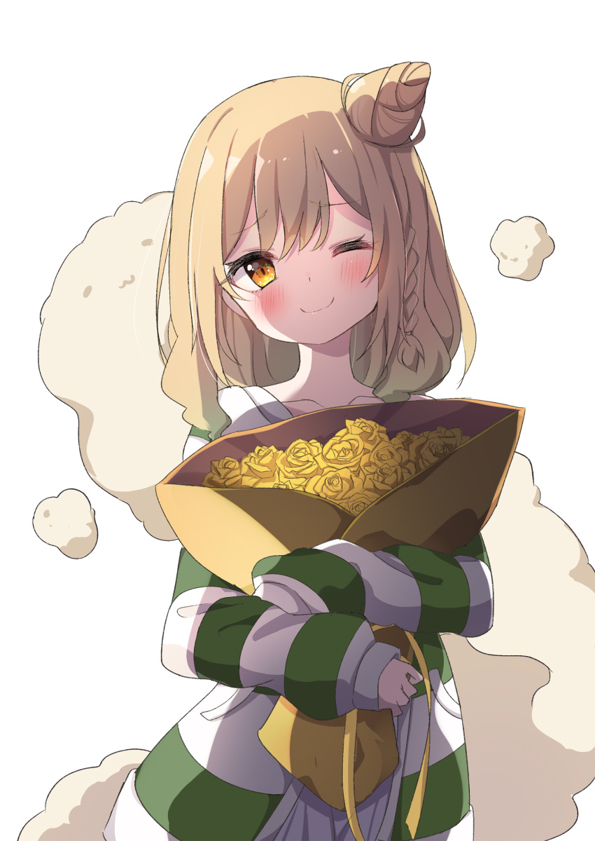 1girl, ;), absurdres, ame., bangs, blush, bouquet, braid