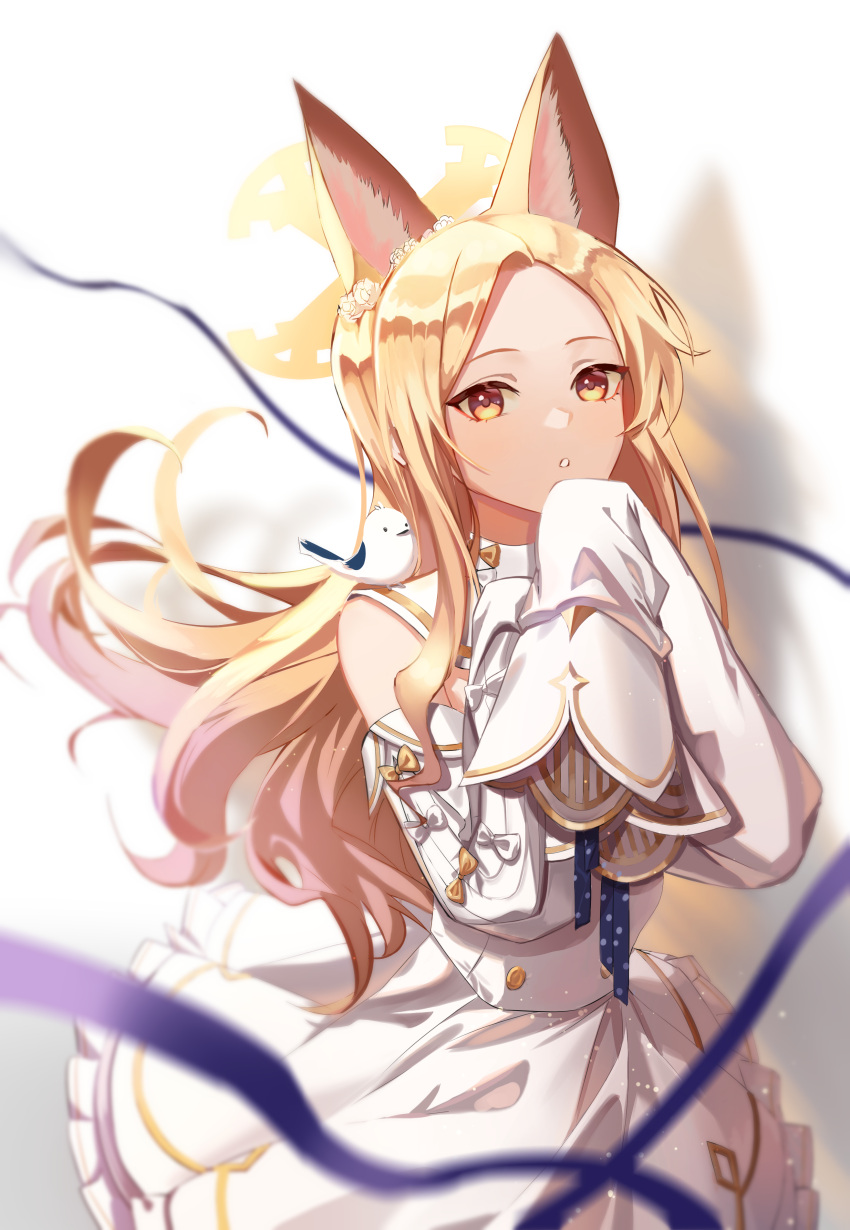 1girl, absurdres, animal_ear_fluff, animal_ears, animal_on_shoulder, bangs, bird, bird_on_shoulder