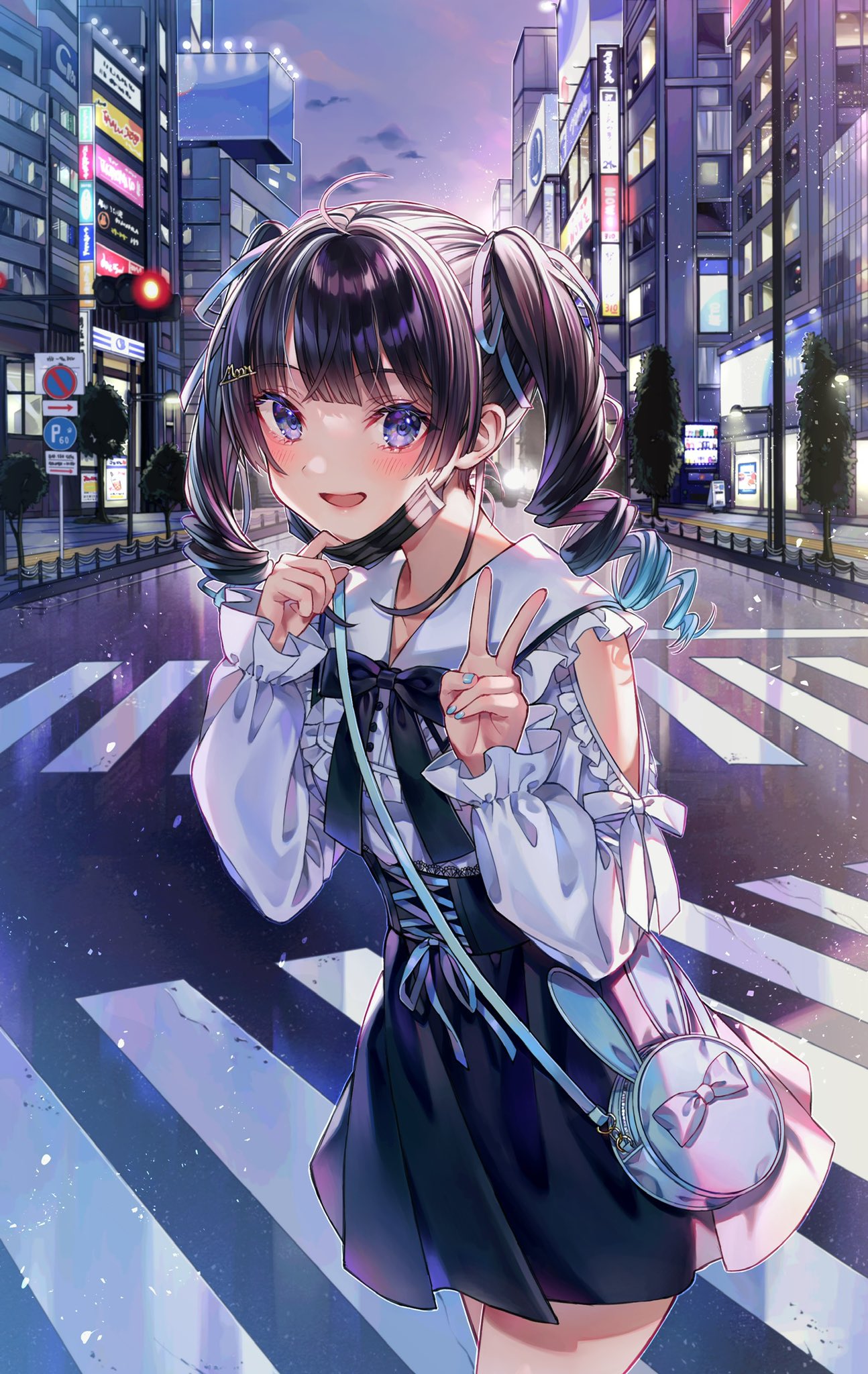 1girl, aqua_nails, bag, black_hair, black_mask, black_neckwear, blush, bow