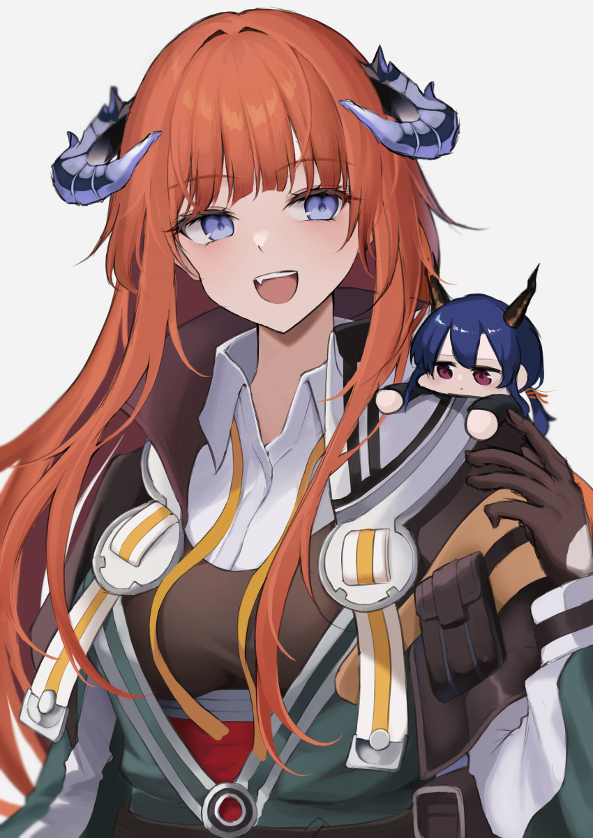 2girls, :d, absurdres, arknights, bagpipe_(arknights), bangs, black_gloves, blue_eyes