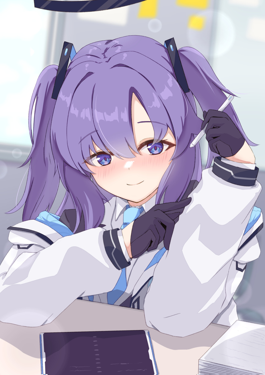 1girl, absurdres, bangs, black_gloves, blue_archive, blue_necktie, blush, ccveru