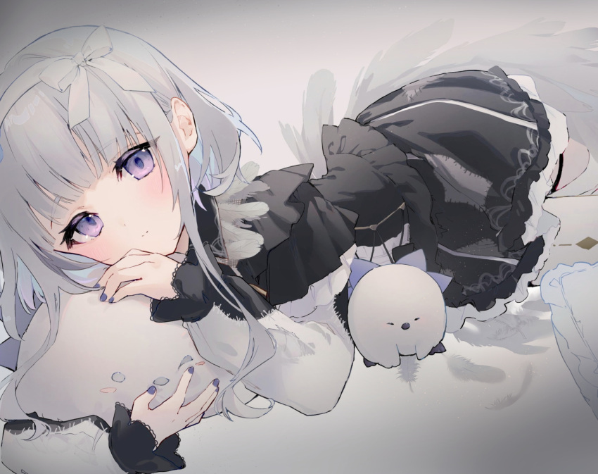 1girl, bangs, blush, bow, closed_mouth, commentary_request, eyebrows_visible_through_hair, feathers