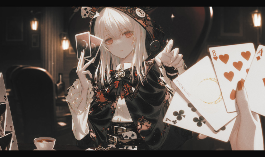 1girl, 1other, bangs, belt, black_belt, black_headwear, blurry, blurry_background