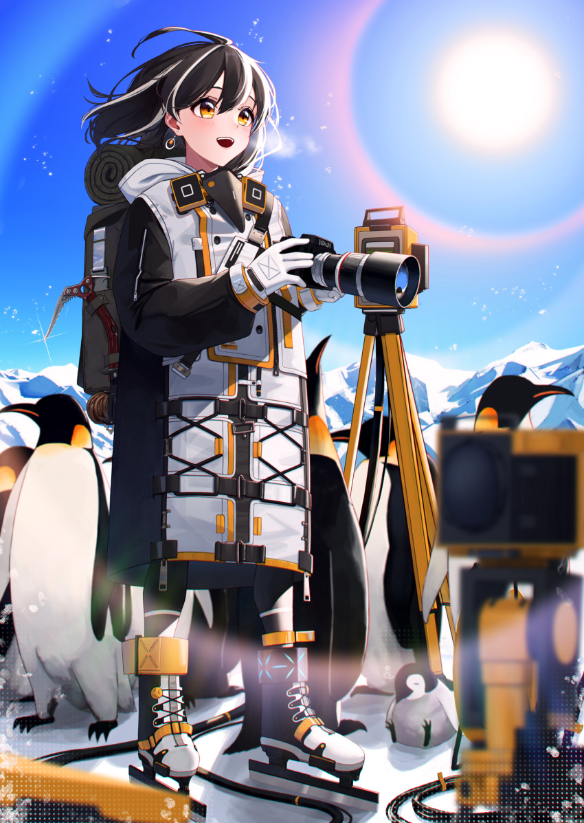 1girl, :d, animal, anklet, arknights, backpack, bag, bird, black_footwear, black_hair, blue_sky, blurry, blurry_foreground, blush, breath, camera, coat, cold, day, depth_of_field, earrings, emperor_penguin, full_body, gloves, highres, holding, holding_camera, ice_axe, ice_skates, infection_monitor_(arknights), jewelry, kasasasagi, long_sleeves, looking_afar, looking_away, magallan_(arknights), mountainous_horizon, multicolored_hair, open_mouth, orange_eyes, outdoors, penguin, rope, skates, sky, smile, solo, standing, streaked_hair, sun_halo, sunlight, two-tone_hair, white_gloves, white_hair, zipper_pull_tab