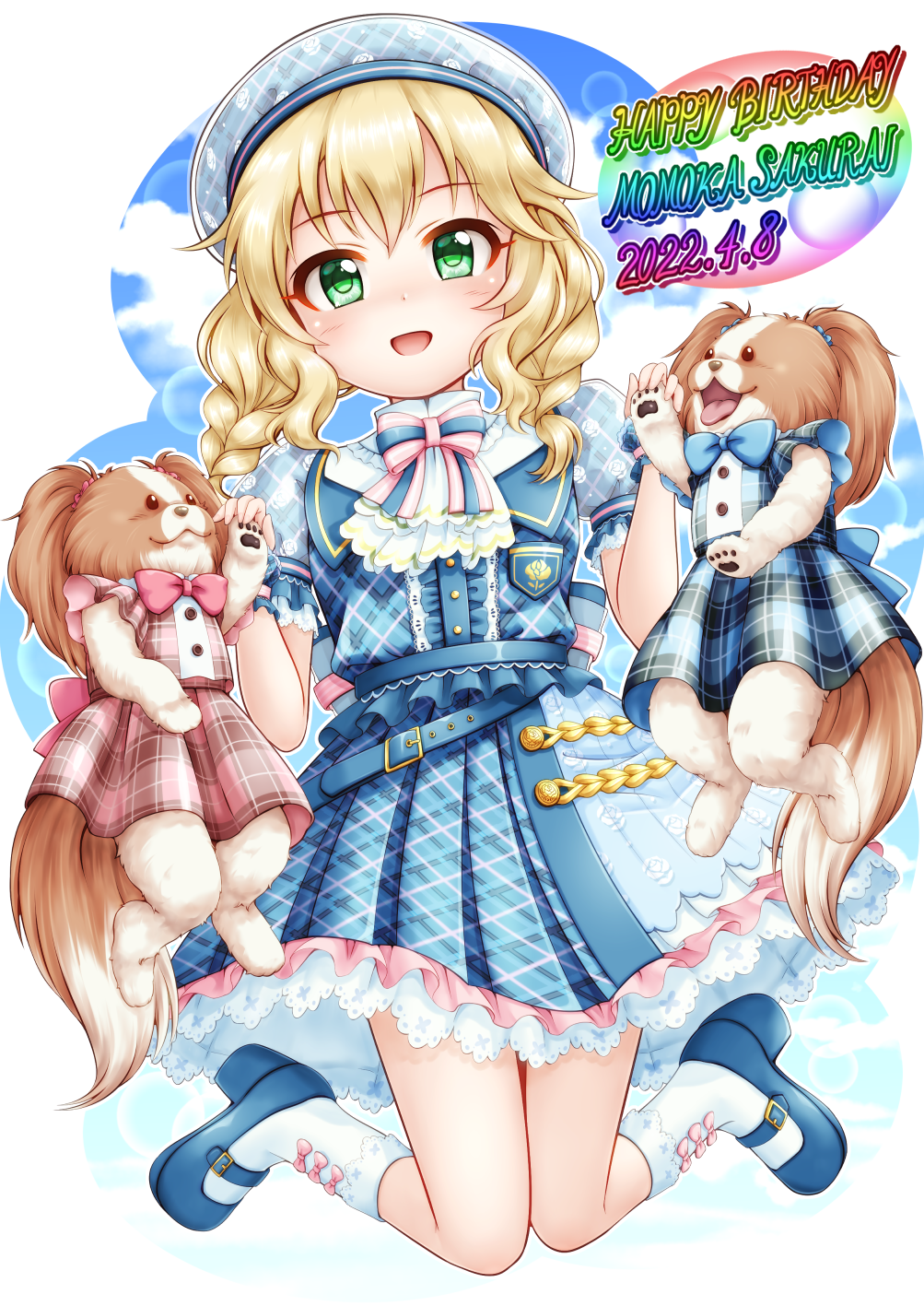 1girl, :d, animal, bangs, belt, belt_buckle, beret, blonde_hair
