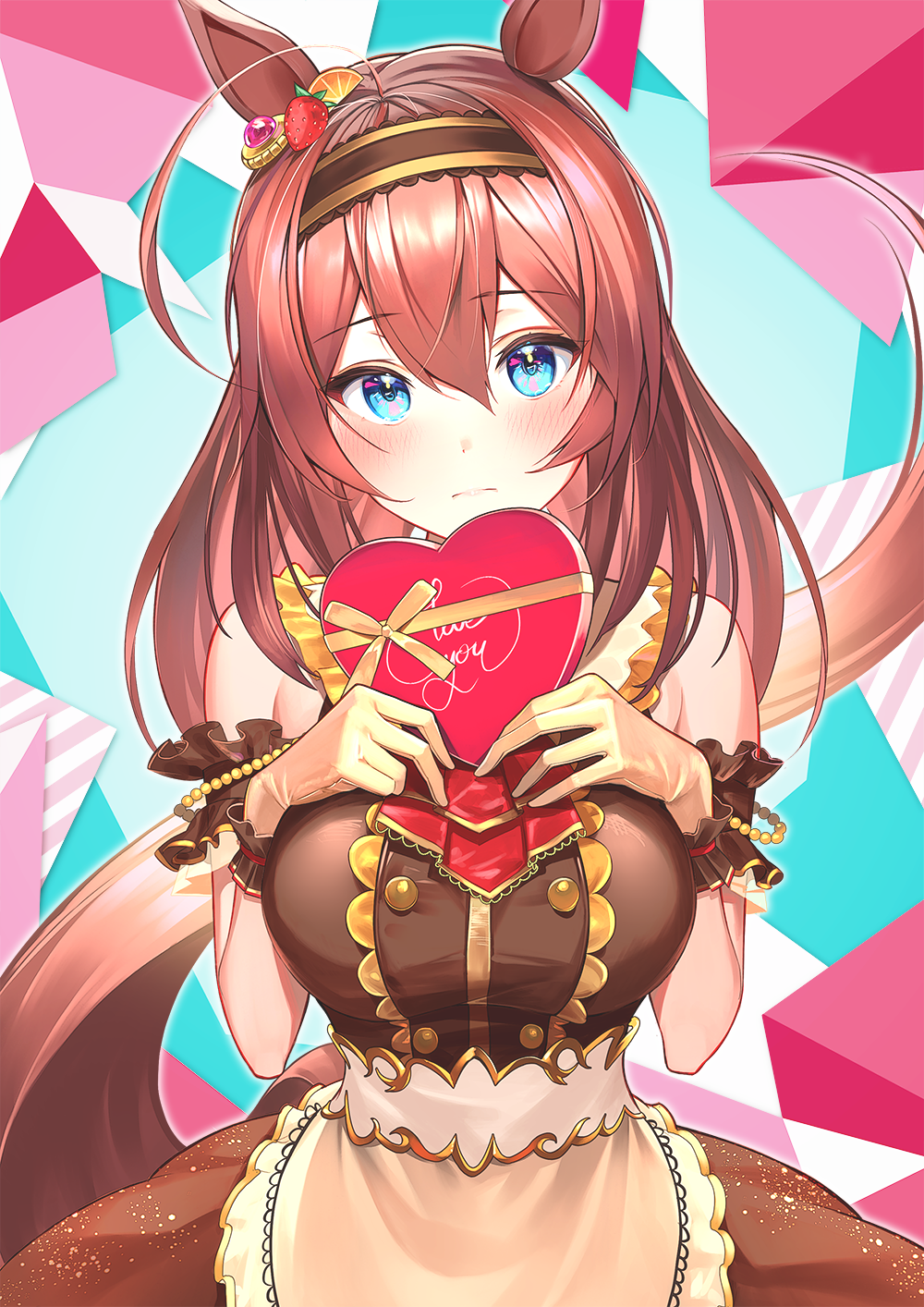 1girl, ahoge, animal_ears, apron, ascot, bangs, bare_shoulders, blue_eyes, blush, box, breasts, brown_dress, brown_hair, crown_patisserie_(umamusume), dress, food-themed_hair_ornament, frown, gift, gloves, hair_ornament, hairband, hands_on_own_chest, heart-shaped_box, highres, holding, holding_gift, horse_ears, horse_girl, horse_tail, kainownill, large_breasts, long_hair, looking_at_viewer, mihono_bourbon_(code:glassage)_(umamusume), mihono_bourbon_(umamusume), official_alternate_costume, orange_hair_ornament, red_ascot, solo, strawberry_hair_ornament, tail, umamusume, waist_apron, yellow_gloves